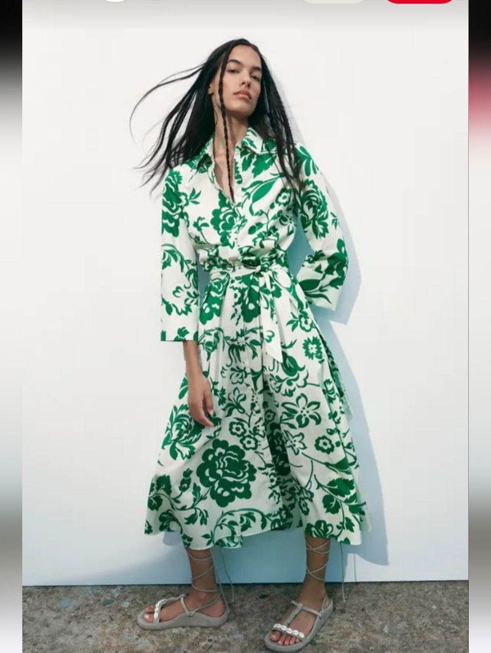 NWT Zara Midi Shirt Dress in Green Floral Print
